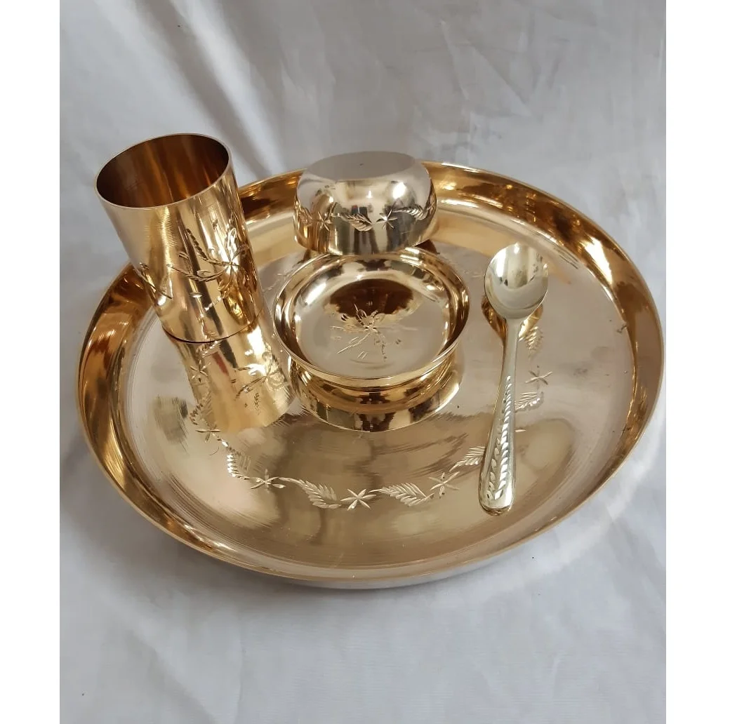 Brass Full Plate Set with Spoon Bowls Tumbler Serving Dinnerware Plate Brass Thali