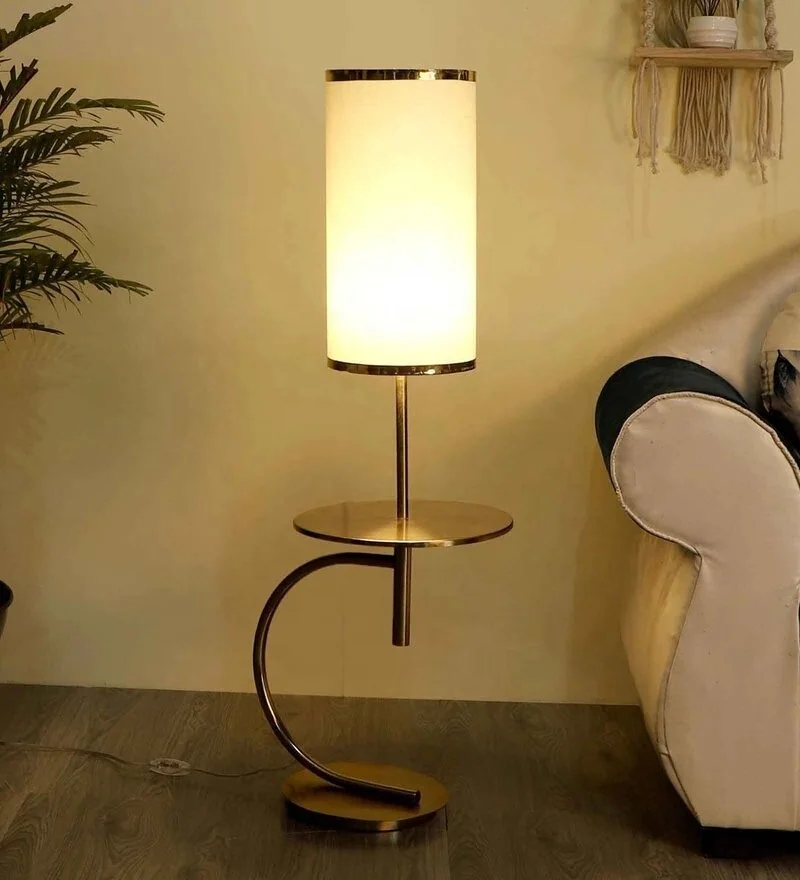 Best Quality White Fabric Shade Floor Lamp With Gold Base .