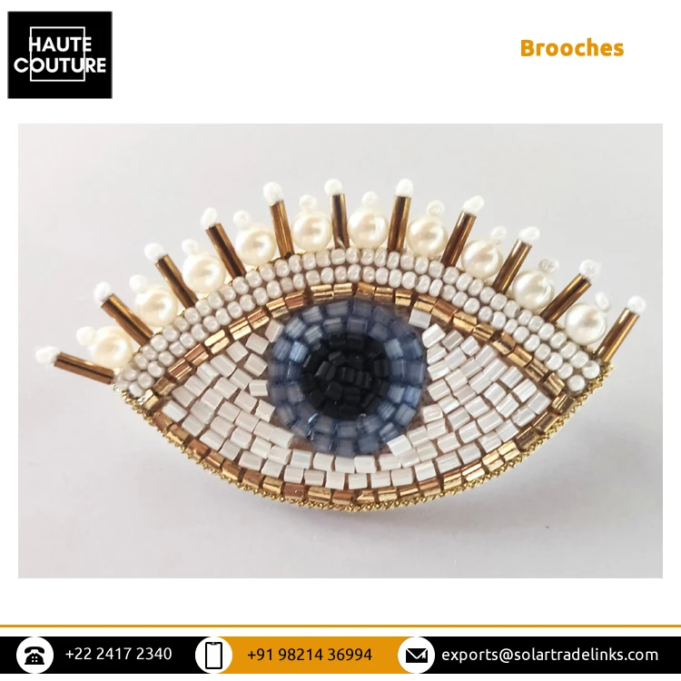 Best Handmade Jewelry Supplier of 7cm Wide Designer Eye Design Patch White Color Hand Embroidered Beaded Brooches for Sale