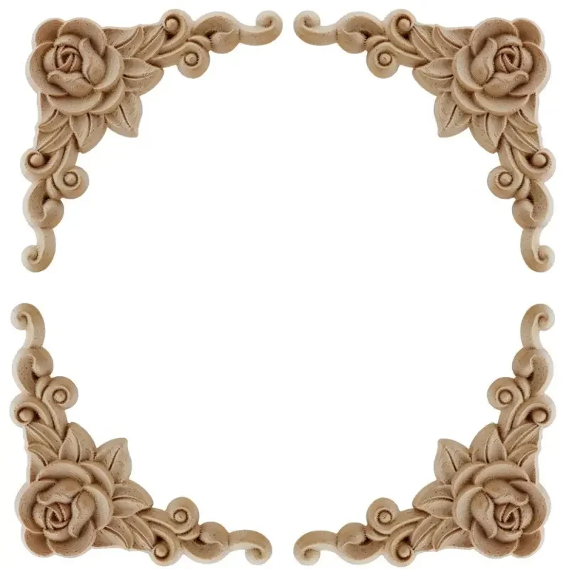 4 pcs Natural Floral Wooden Figurines Crafts Wood Carved Corner Appliques Frame Wall Door Furniture Wooden Carving  Decor Decal
