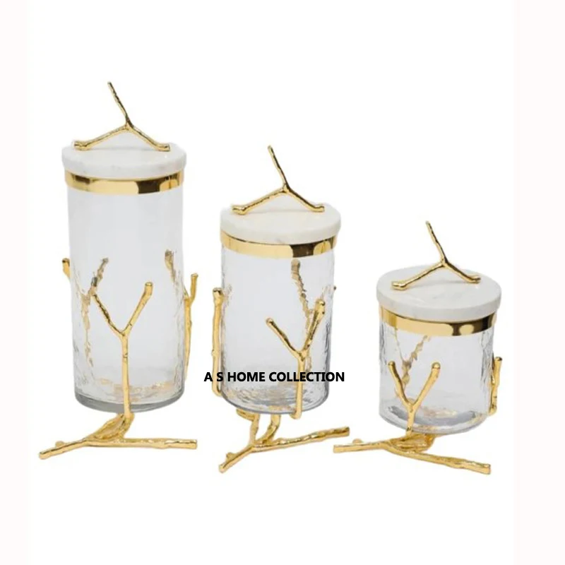 Luxury Decorative Marble lid kitchen Glass Canister Tableware Set of 3 different size golden Flower Design Glass Jars & Canister