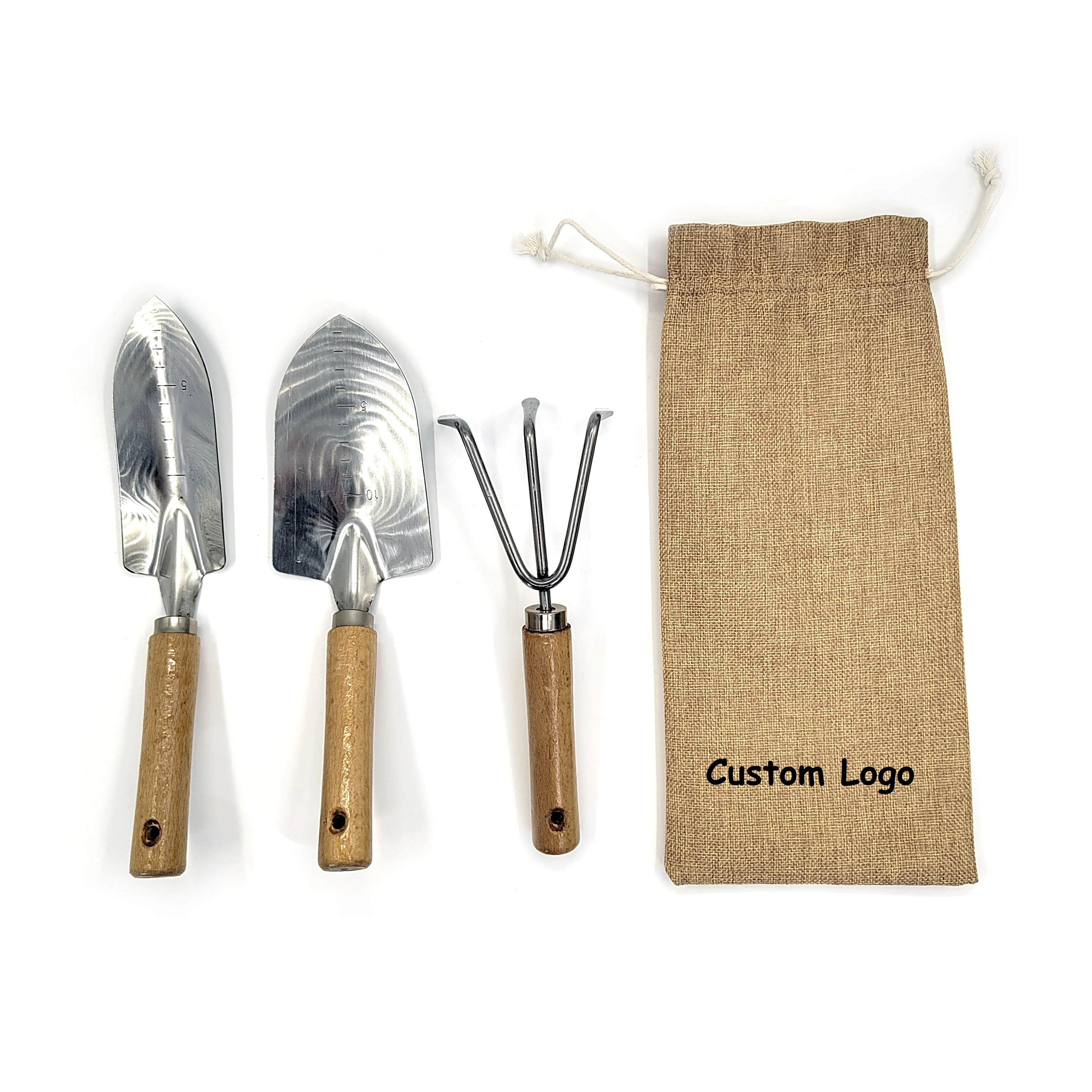 Best Price Customized 3 Pieces Garden Hand Tools Set with Stainless Head and Wooden Handle and Linen Bag