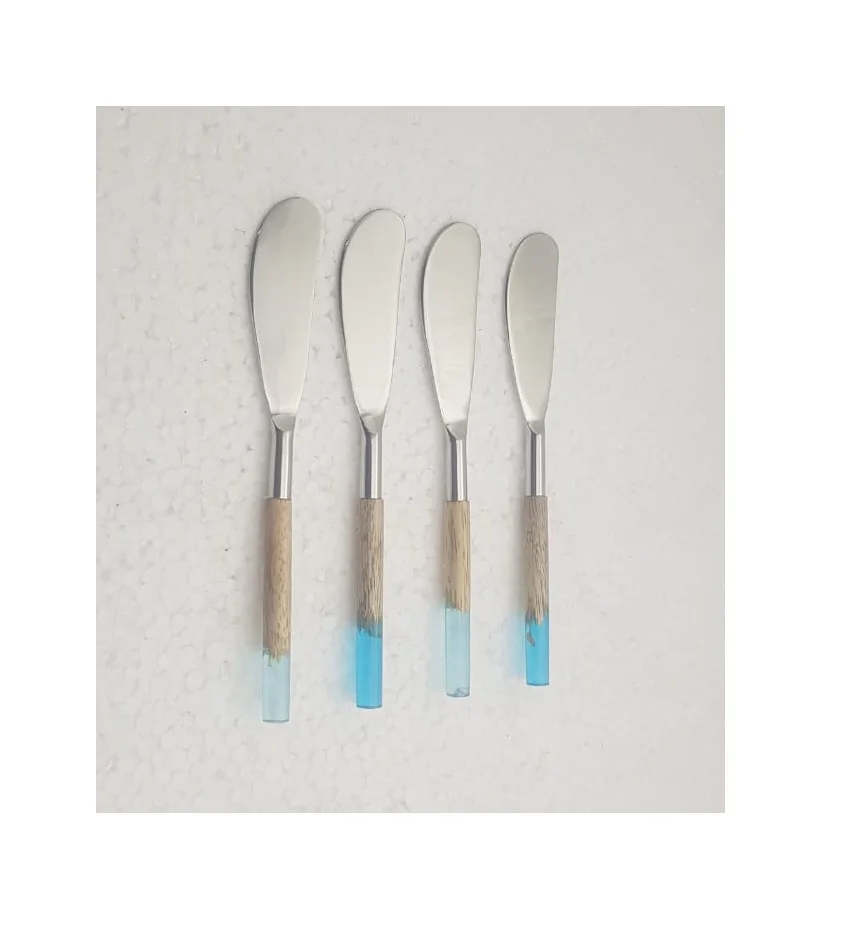 Unique Style Stainless Steel Brown And Blue Color Wood And Resin Handle Butter Knife Cutting Set kitchenware Used New Design