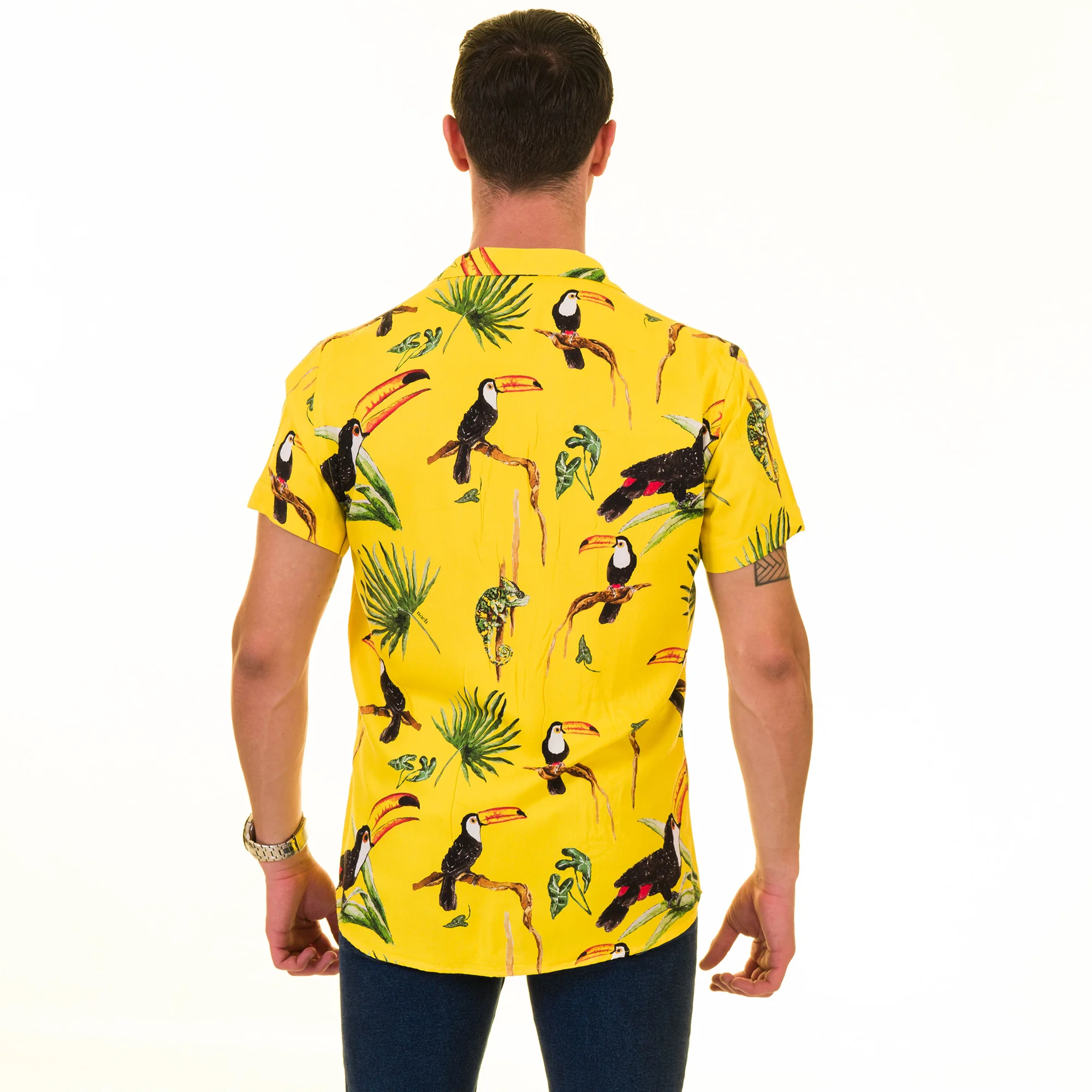 Animal Printed Tropical Top Casual Print Beach Summer Palm Tree Mens Shirt, Short Sleeve Hawaiian Vacation Shirt Men