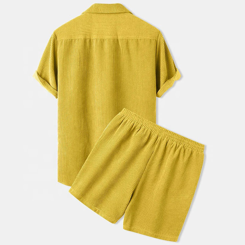 2024 New High Quality Lounge Wear Set Men Two Piece Short Sleeves Buttons Up Corduroy Shirt and Short Sets Man wholesale rate