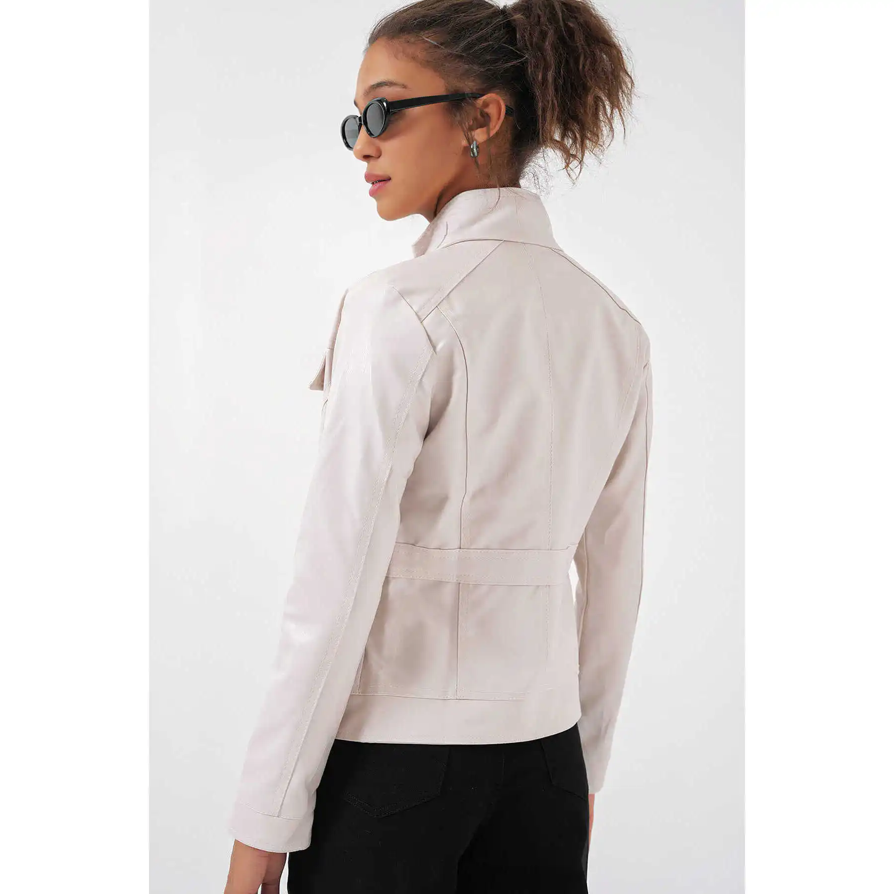 1024 High Neck Leather Jacket - Beige