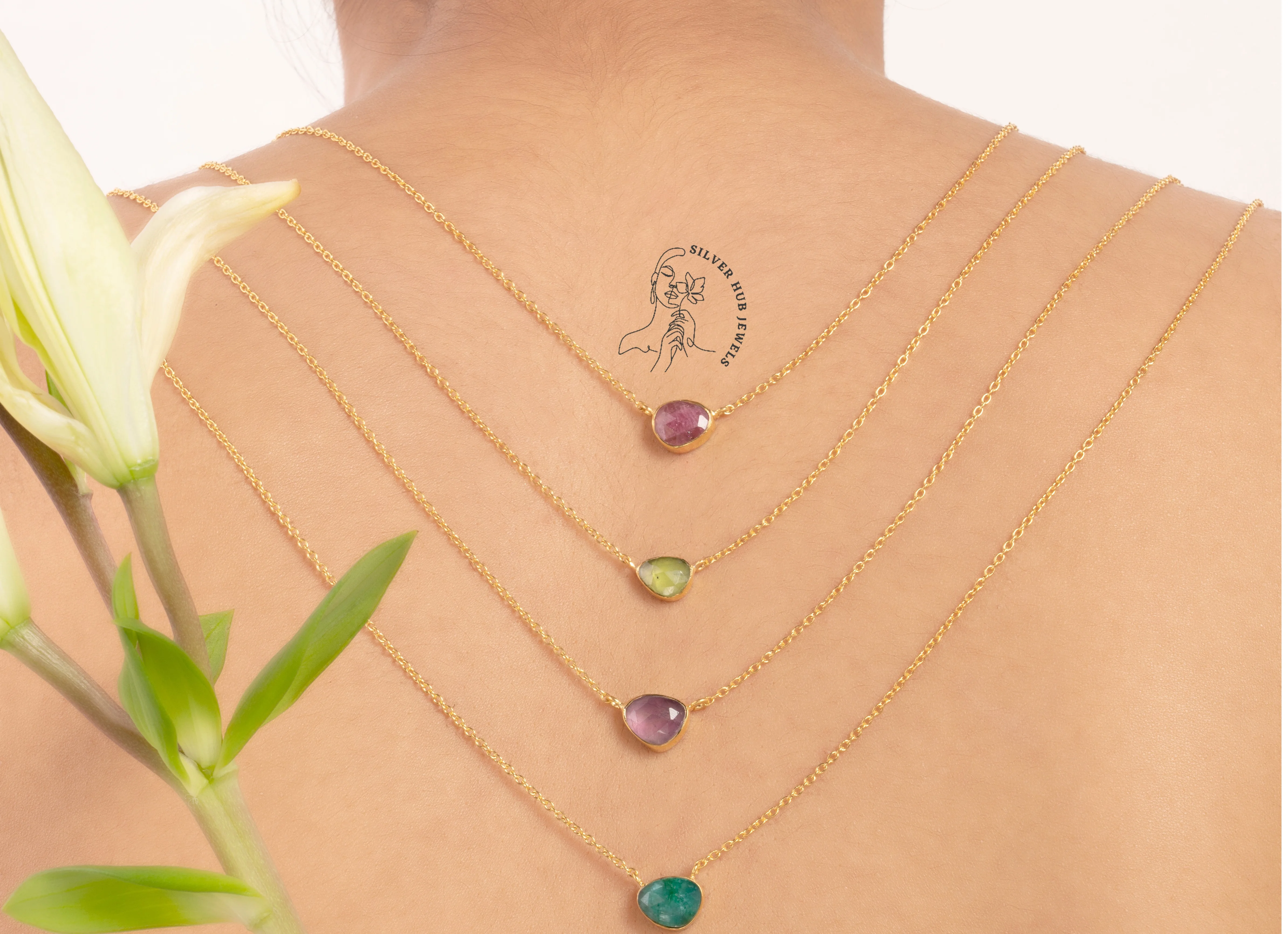 Natural Fashionable Necklace Stone Amethyst Ruby Emerald Peridot 925 Sterling Silver Gold Vermeil Birthstone Necklace