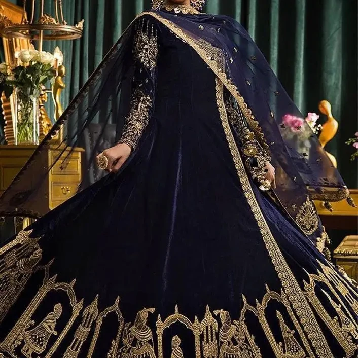 Flour Length New Arrival Latest Regular Sleeve Boat Neck Blue Color Anarkali Type Kurti for Indian Female in Ethnic Clothing