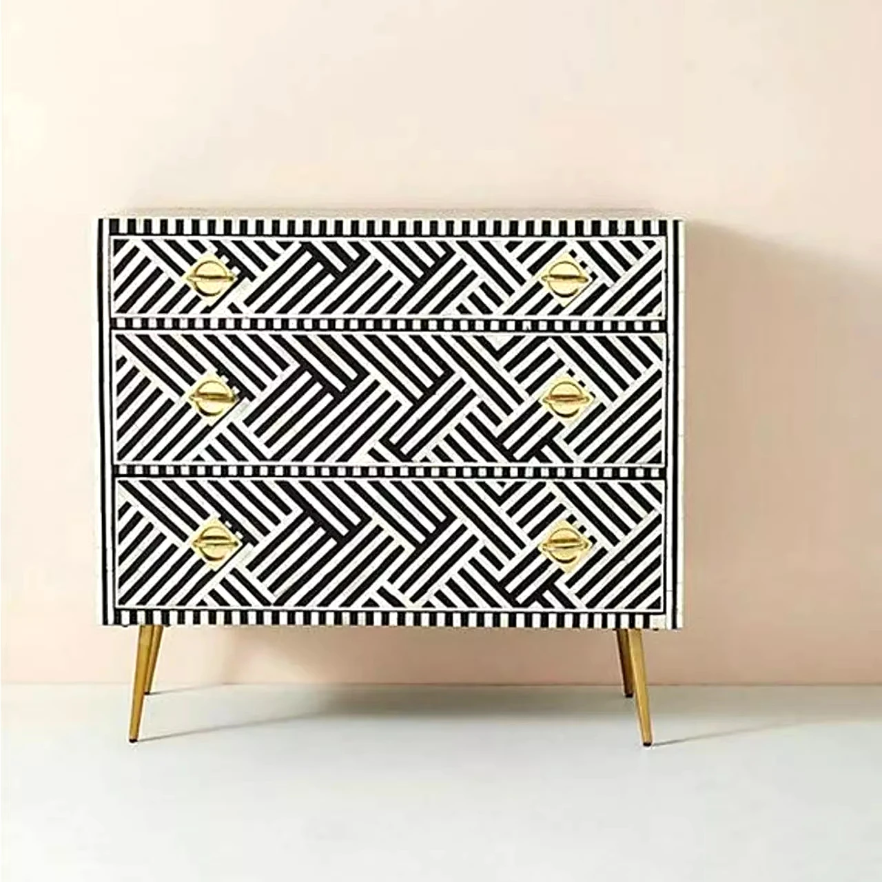 Beautifully Handcrafted Antique Bone Inlay Chest of 3 Drawers Bedroom Dresser Living Room Storage Vintage