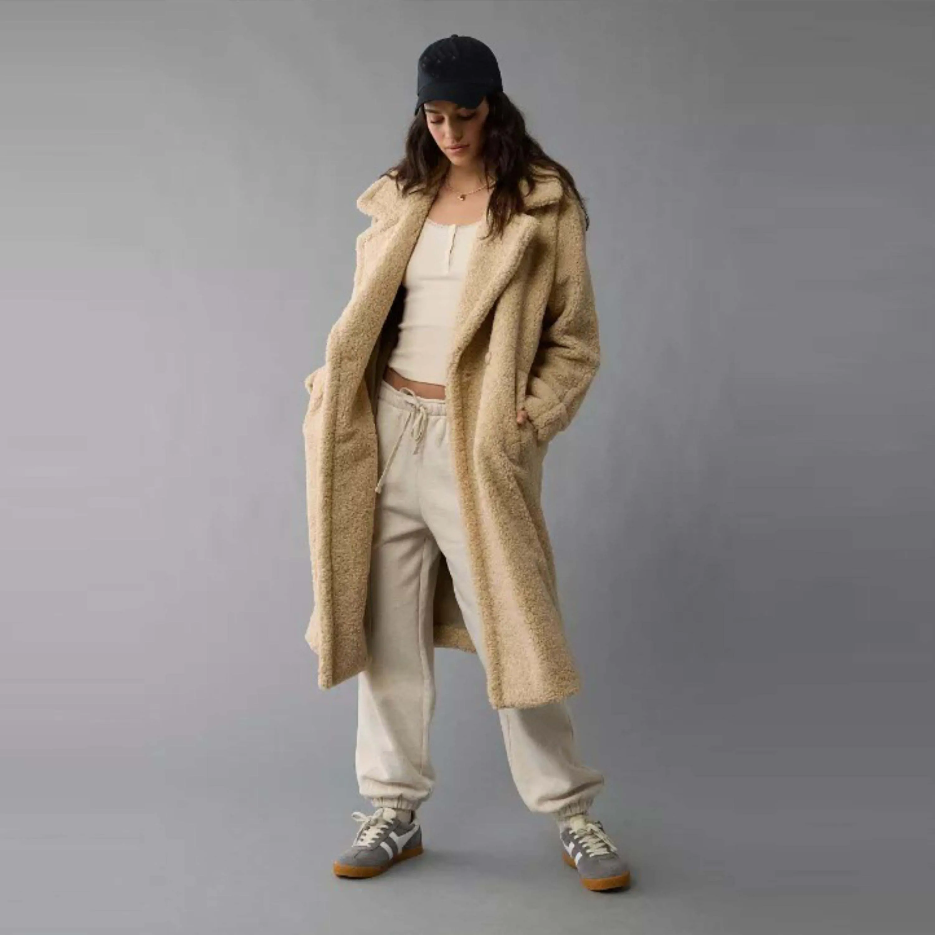 OEM Custom Manufacturer Trendy Teddy Bear Khaki Long Coat | Warm and Durable Winter Outerwear for Women