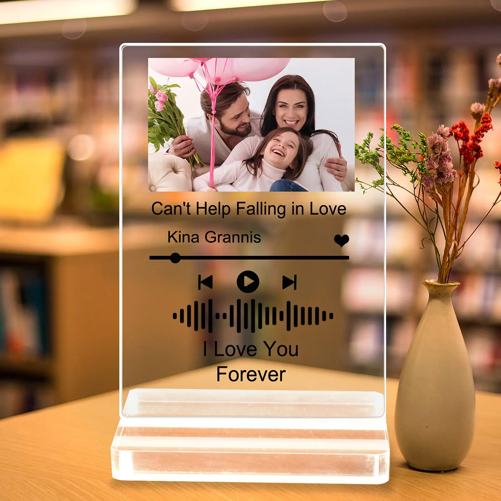 Personalized Transparent Acrylic Photo Plaque With Led Wooden Base Stand Blank Custom Photo Song Acrylic Sheet Night Light