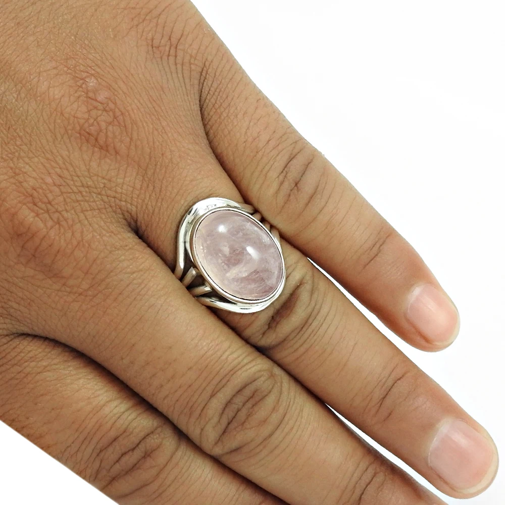 Natural Rose Quartz Gemstone 925 Sterling Silver Oval Shape Ring Bohemian Handmade Jewelry Wholesale Price Bulk Suppliers India