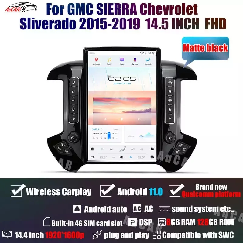 Автомобильный радиоприемник AuCAR 14,4 дюйма, последняя модель T-Style, Android 11, DVD-плеер, GPS-навигация, стерео для Chevrolet Silverado GMC Sierra 2015-2019