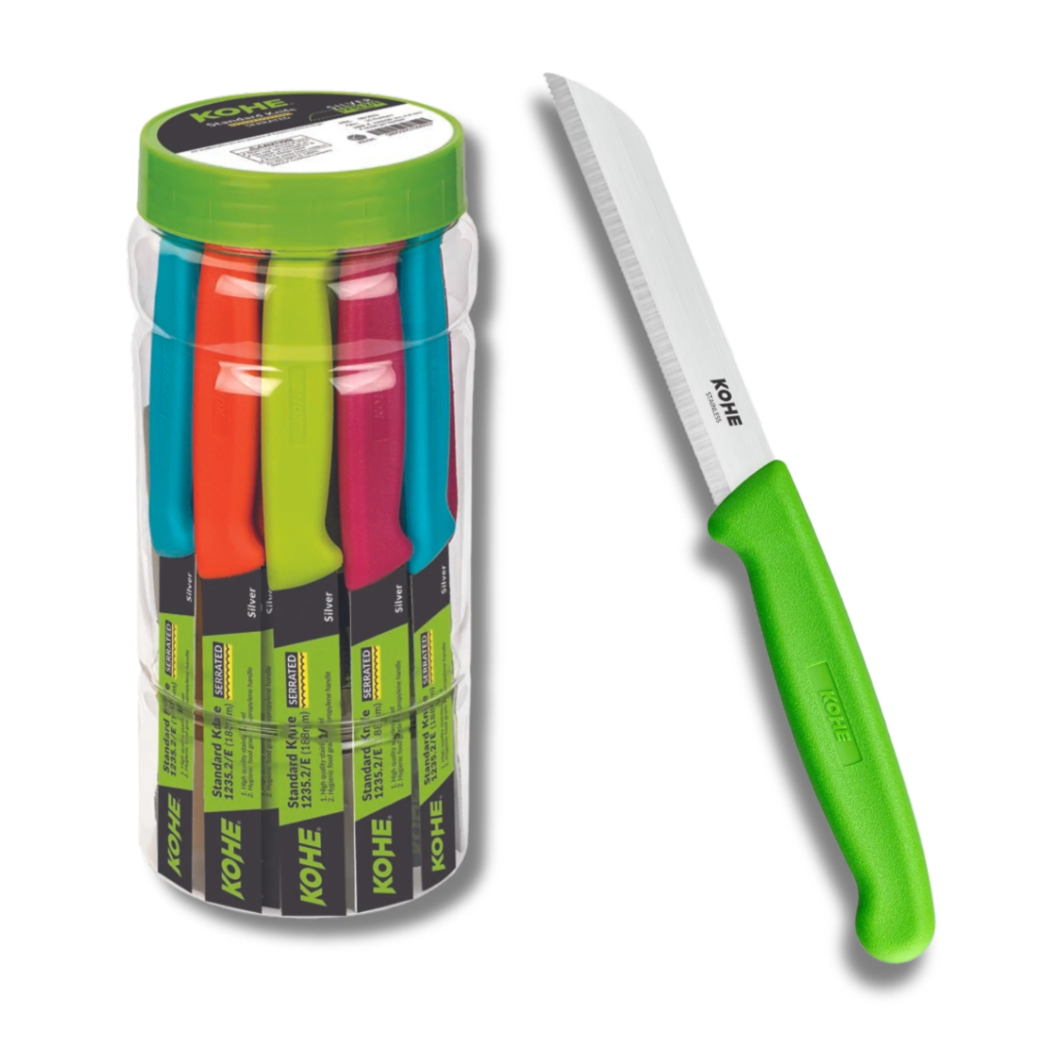 21-piece knife Jar, serrated stainless steel blades, multiple handle colors, designed for easy penetration without skin tearing