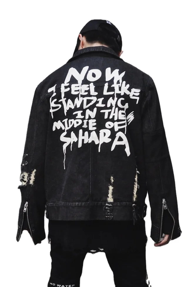 Clothing Factory Men No Hooded Design Printing Custom Jean Denim Jacket  Button Letter Printed Denim Jacket Custom Jeans Jacket