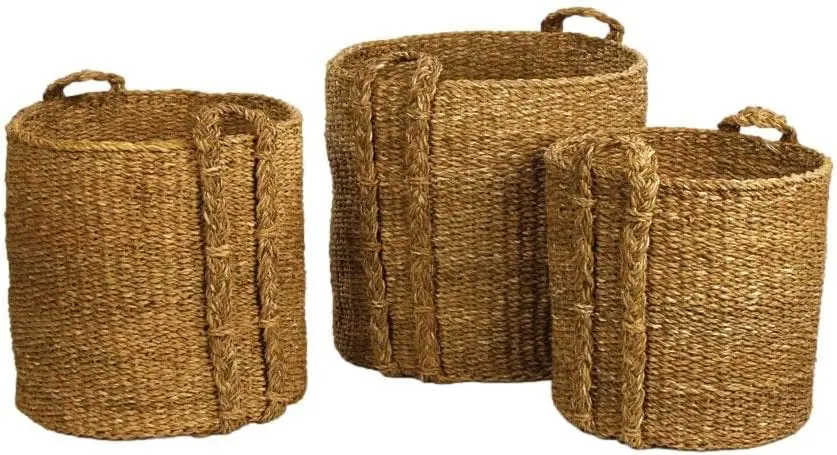 HOME Set of 3 Round Woven Sea Grass Storage Baskets Large Natural Handles Laundry Baskets Cat tail Basket