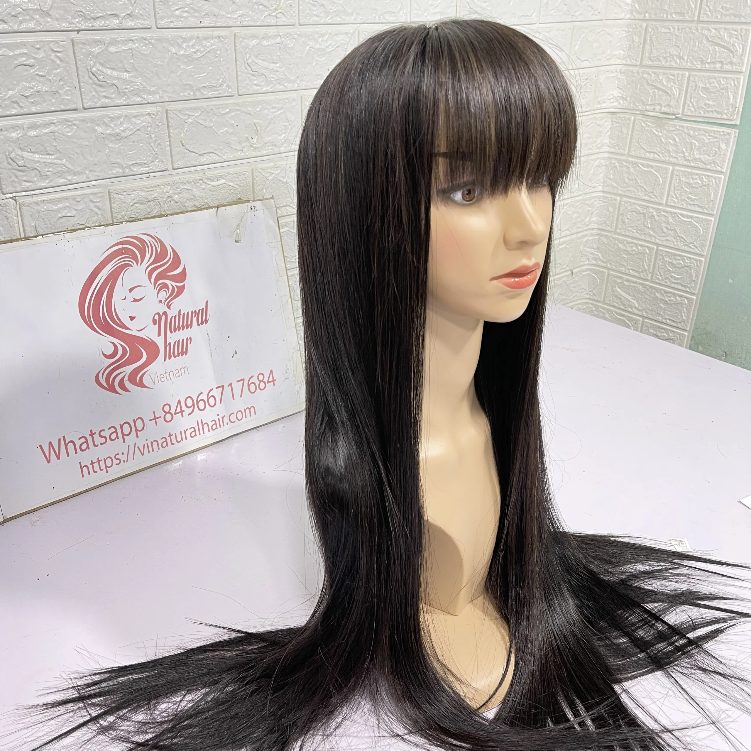 100% REAL HUMAN HAIR Straight Bones, Wig With Front Bangs