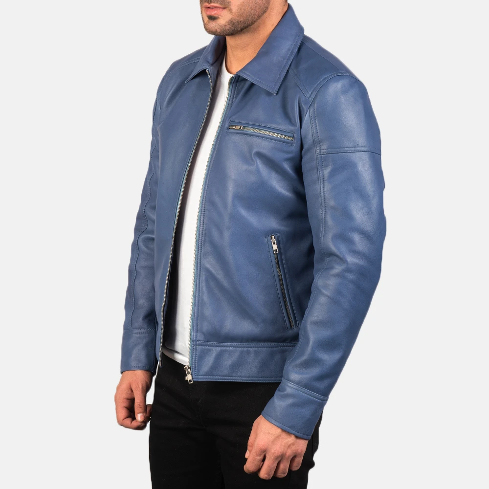 Real Leather Sheepskin Aniline Zipper Blue Men leather Jacket with Viscose Lining and Inside Outside Pockets highly breathable