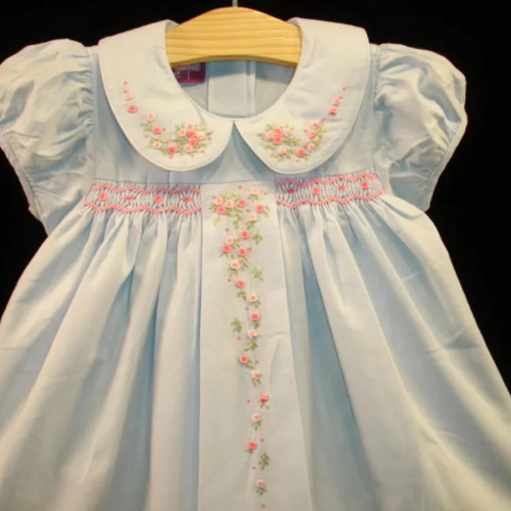 Beautiful NEW Boutique Design Hand Embroidered Smocked Dress Children Baby Girl LIGHT BLUE Ciao Bebe high-quality smocked, nice