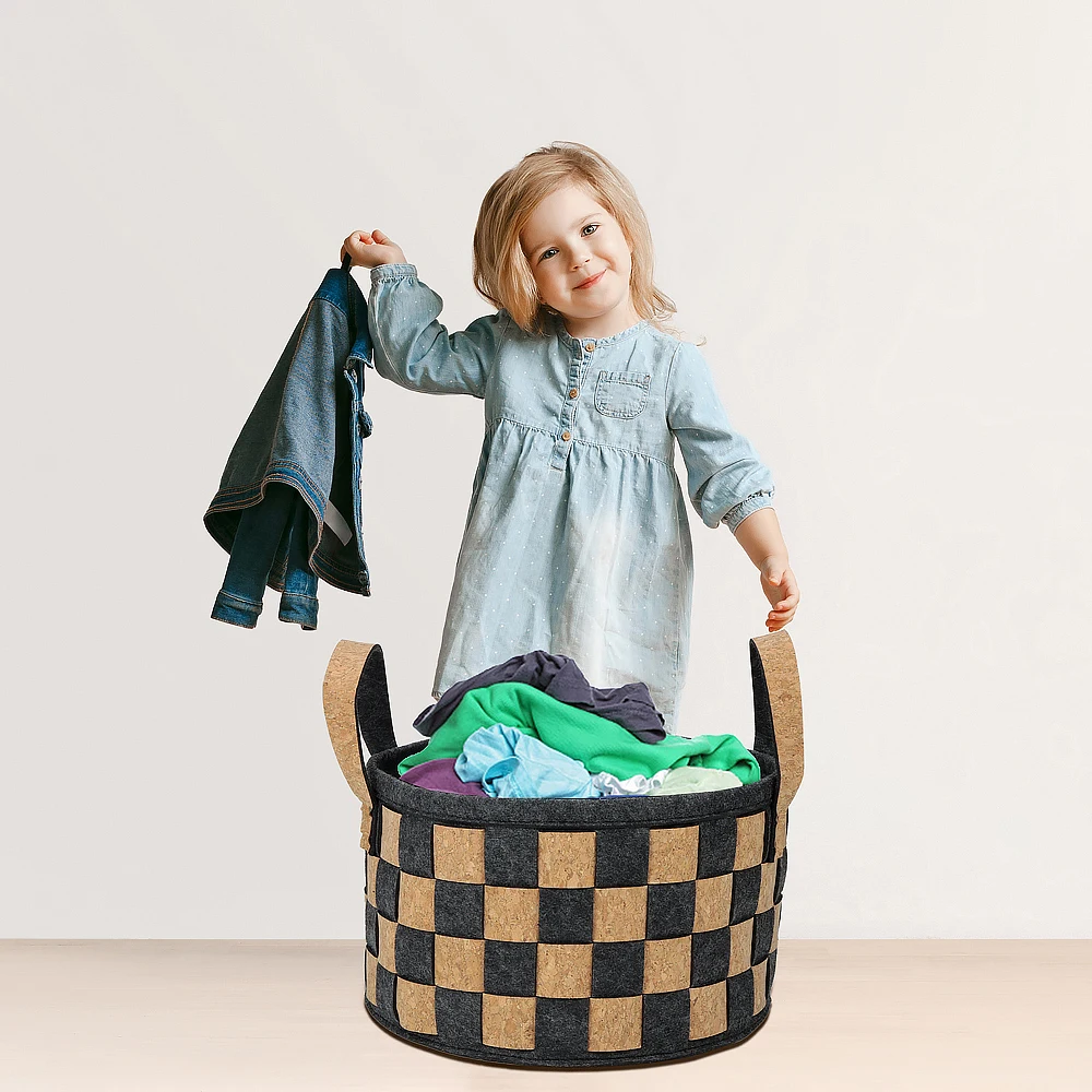 Collapsible Foldable Hamper Pop Up cork fabric Dirty Clothes Weaved Laundry Bucket Grey Felt Storage Basket