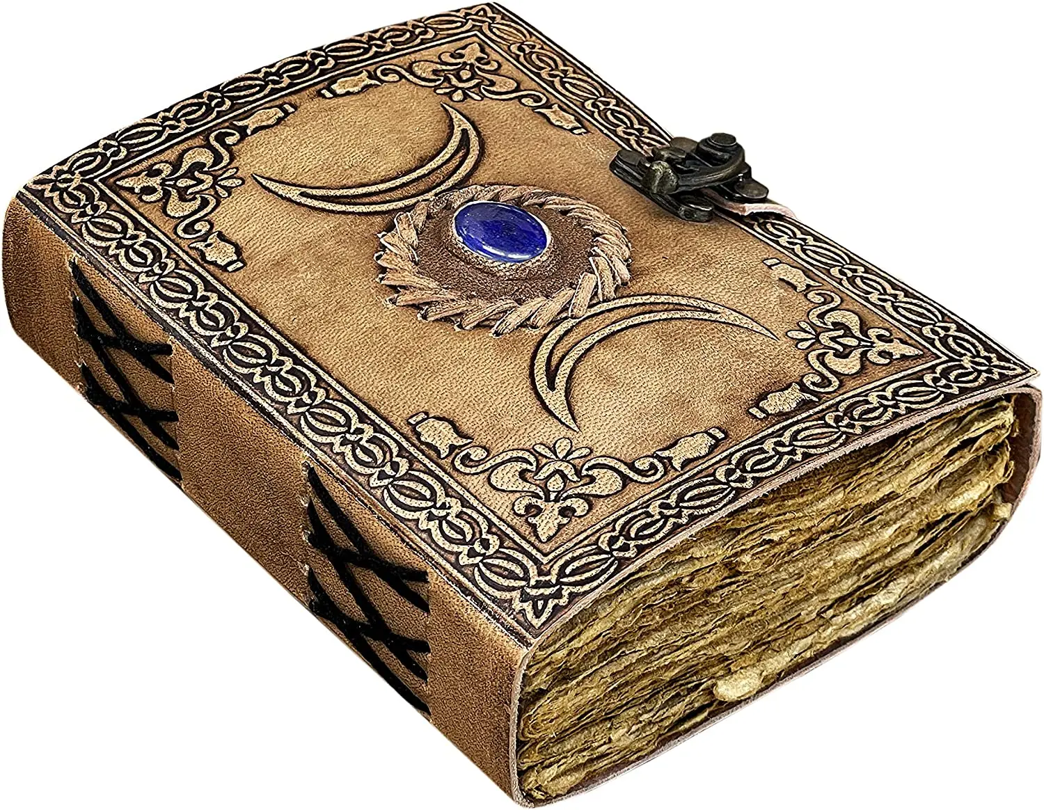 Moon Design Journal With Semi Precious Witch Stone Triple Moon Design Lock Closure 200 Antique Deckle Edge Paper