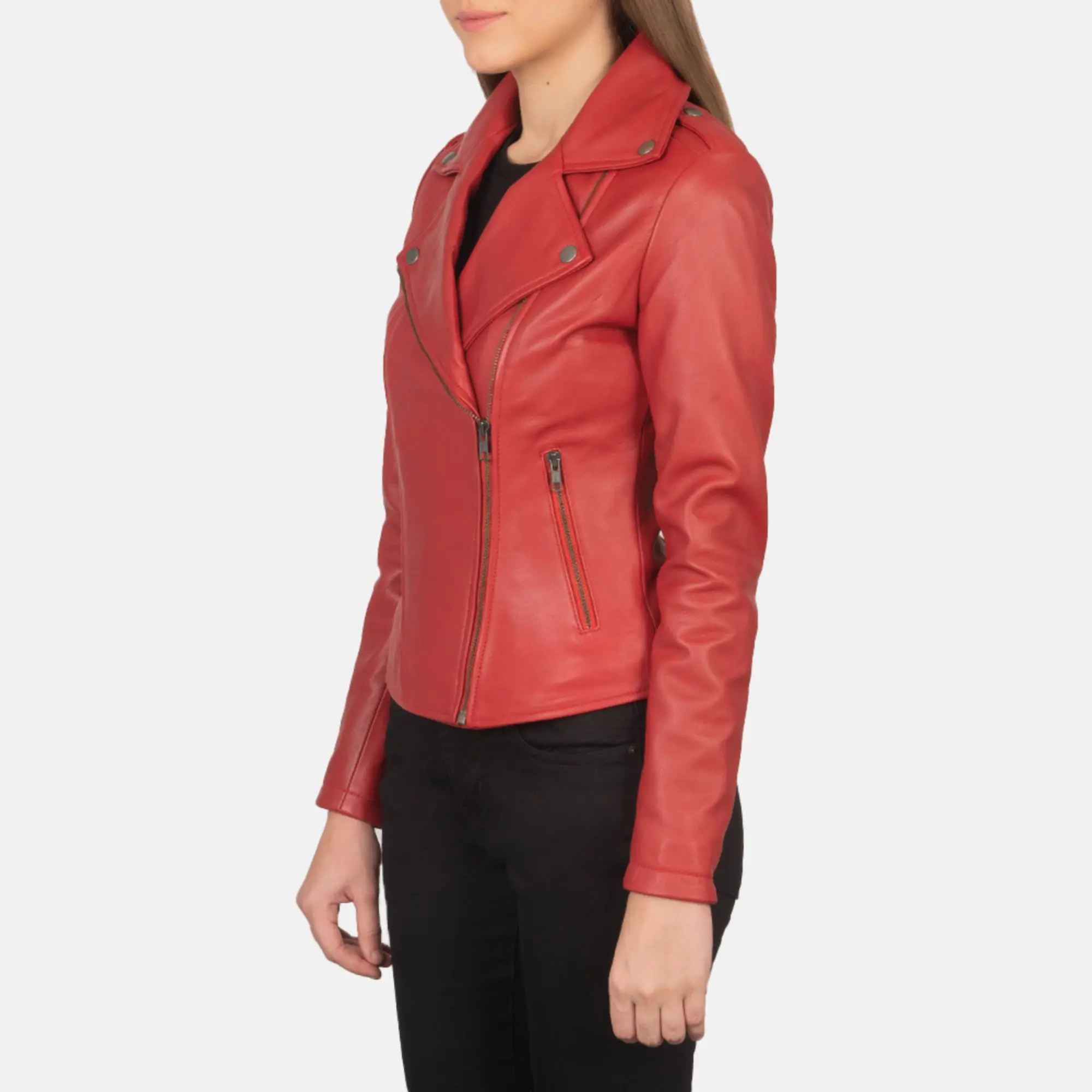 Real Leather Sheepskin Aniline Zipper Flashback Red Women Biker Jacket with Quilted Viscose Lining and Inside Outside Pockets