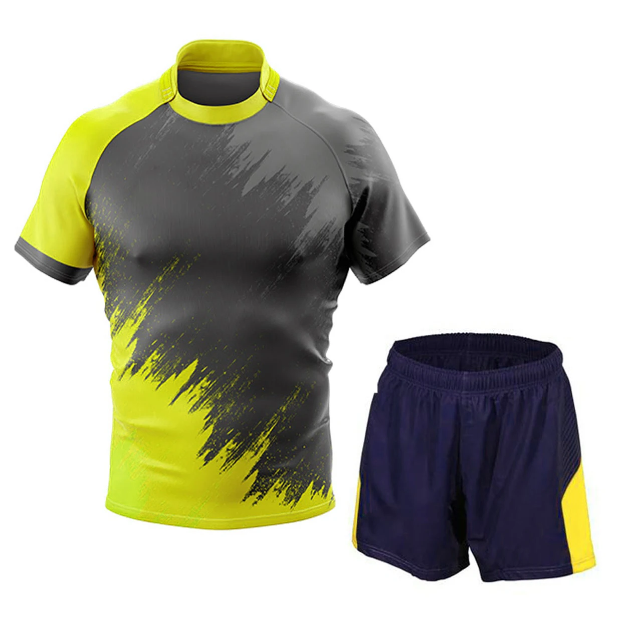 OEM ODM Service Men Custom Made Yellow Grey Rugby Uniform in Polyester Spandex Light Weight Breathable Rugby Jersey Shorts 2023