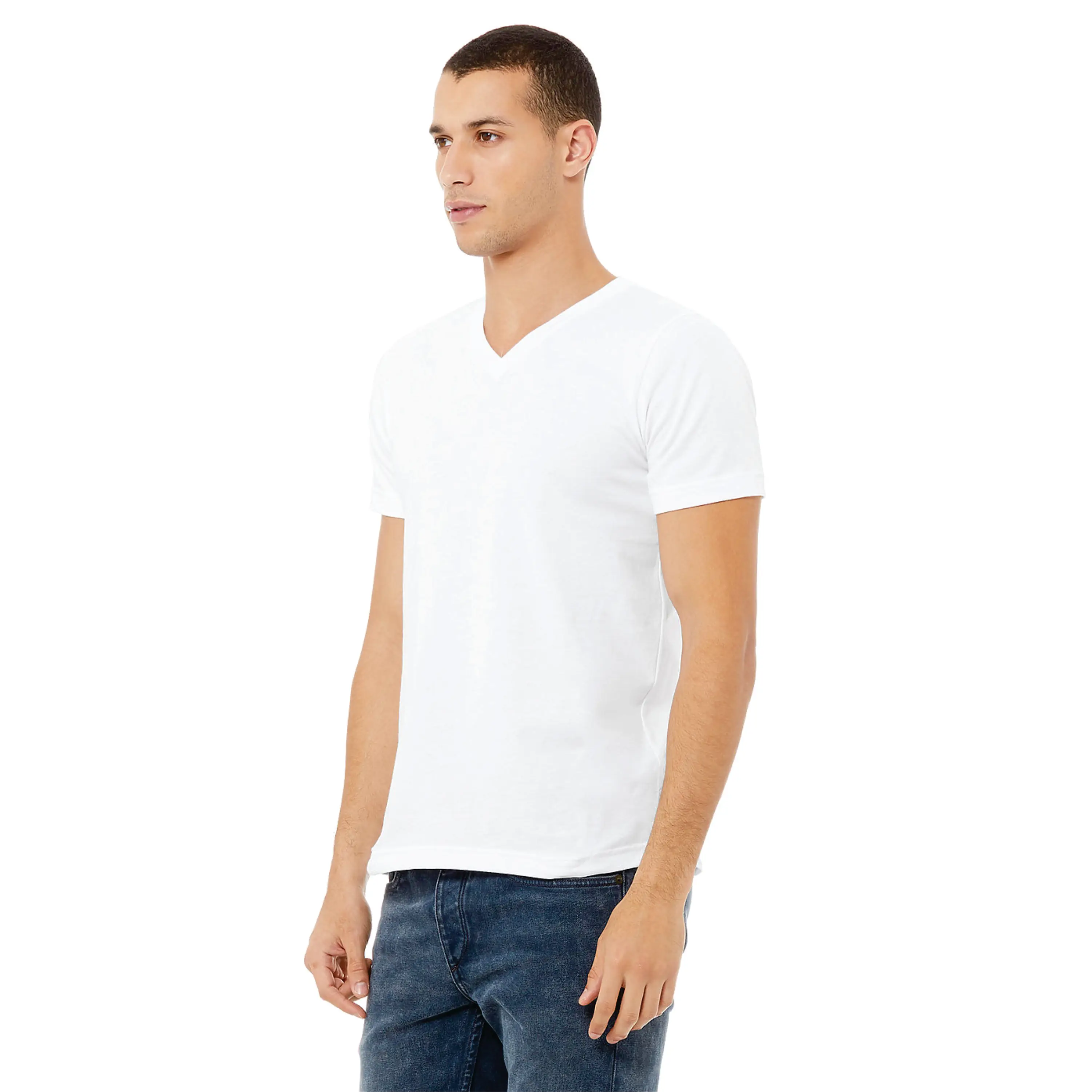 100% Airlume Combed and Ring Spun Cotton 32 Single 4.2 oz White Essential Unisex Jersey Short Sleeve V-Neck T-Shirt