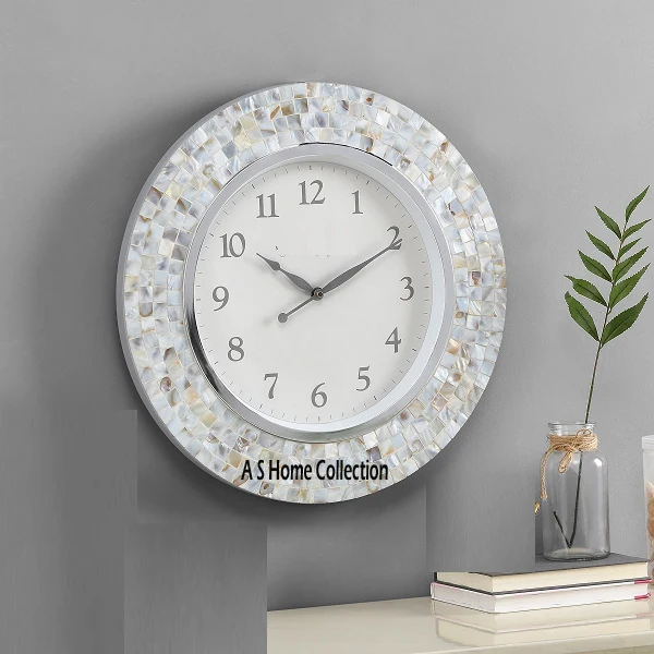 Fancy Handmade Decorative Metal Mother Of Pearls Wall Clock White Colour Luxury Style Latest Design Home Office Decorations
