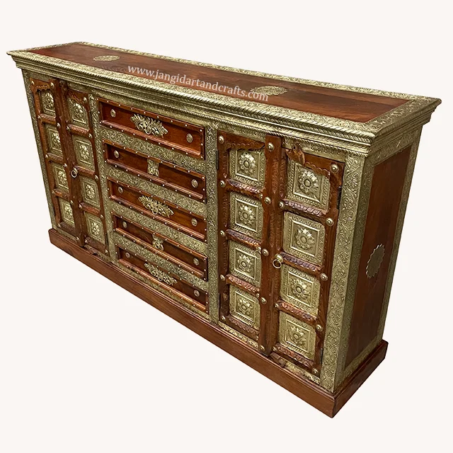 Vintage Brass Fitted Furniture Wooden Buffet Corner Cabinet for Storage Kitchen Sideboard Buffet Cabinet by Jangid Art & Craft