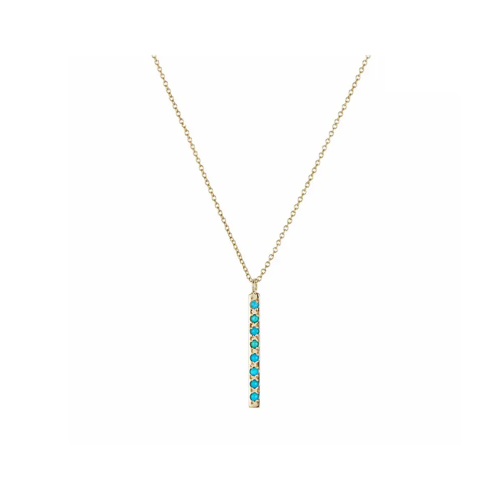 Solid 18K Yellow Gold Genuine Sleeping Beauty Arizona Turquoise Gemstone Bar Drop Pendant Necklace  Manufacturer