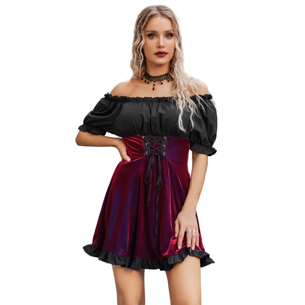 Scarlet Darkness Wholesale Women Contrast Fabric Dress Short Sleeve Off Shoulder Ruffled Hem Woman Gothic Velvet Ruched Dress