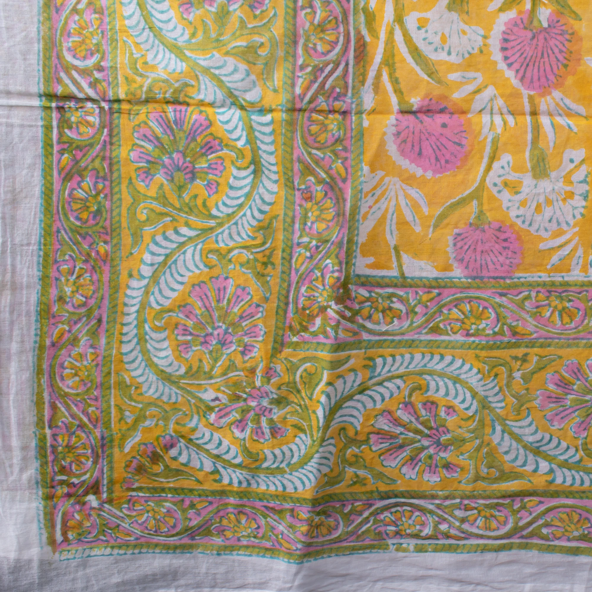 Winter Floral Block Printed Cotton Scarf Handmade Yellow Indian Stole Scarves-Summer Pareo Beach Sarong Swim Cover Ups Wholesale