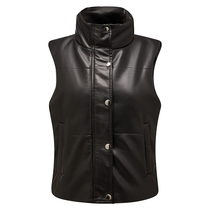 Sleeveless Fur Black Leather Vest for Women Plus Size Motorbike Leather Vest Trendy Cowhide Leather Waistcoat