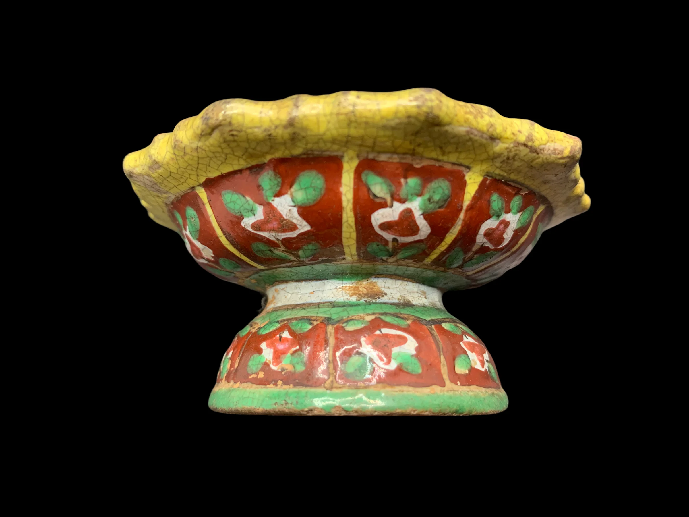 Antique Ceramic Stem Dish Design Within Lotus Petal Shape Panels On Red Background porcelain For Colloectible