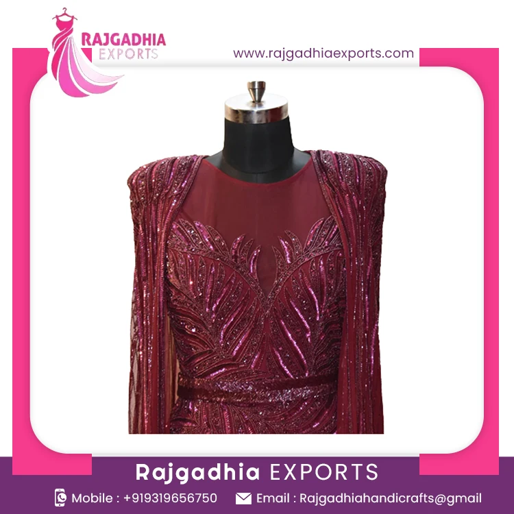 Rajgadhia Exports Beaded Evening Gowns O-neck Evening Dresses for Women Full Sleeves Embroidery Evening / Formal Party Straight