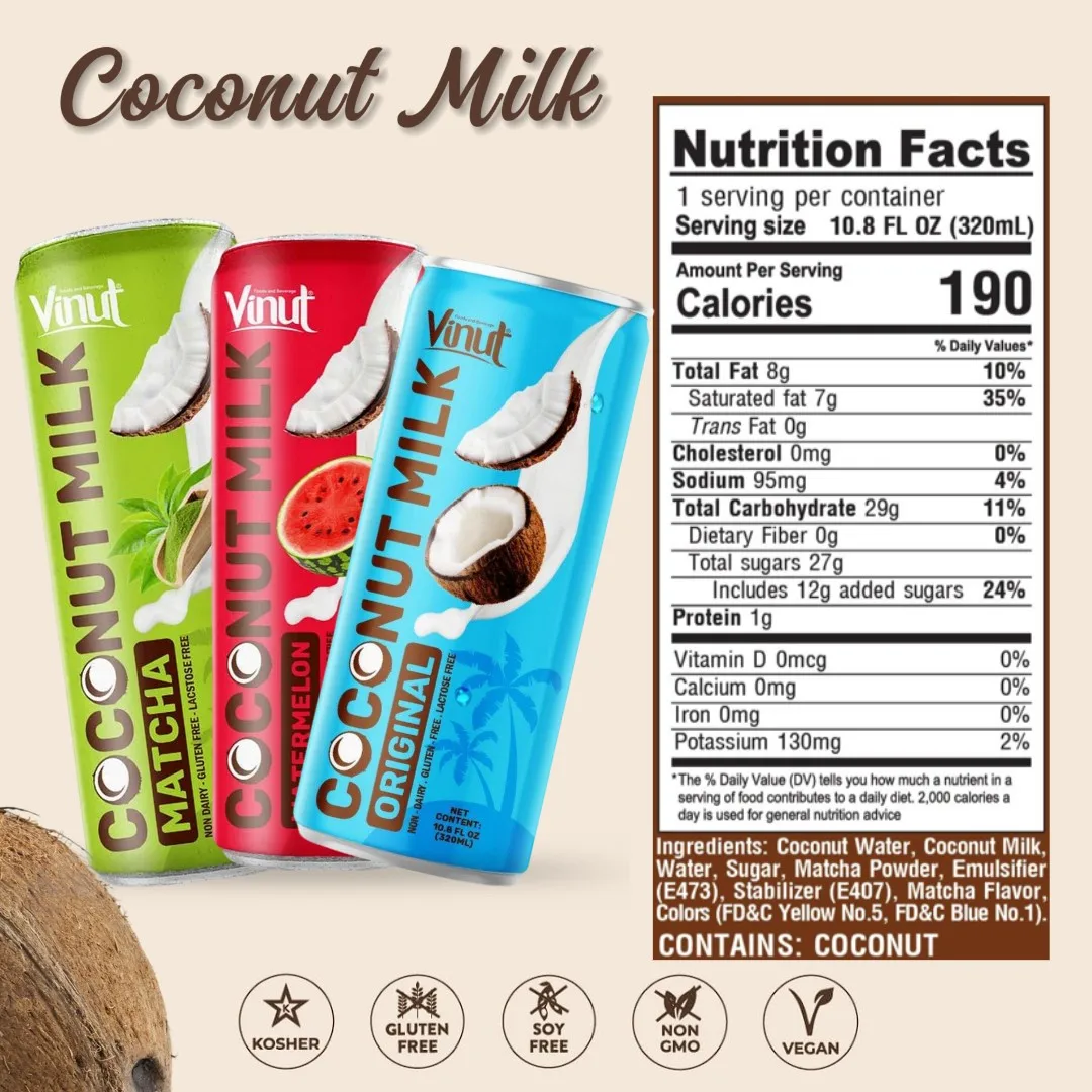Coconut Milk w Vanilla | 320ml (Pack of 24) VINUT, Plant Based, Non-GMO, No Added Sugar, Essential Electrolytes, OEM ODM