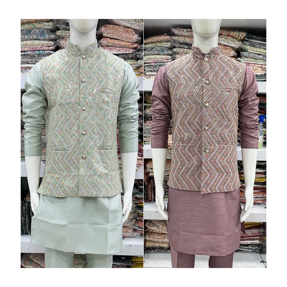 Indian Traditional Party Wear Heavy Banglori Silk with inner in kurta With Pajama & koti Jacket For Mens Wholesale Rate