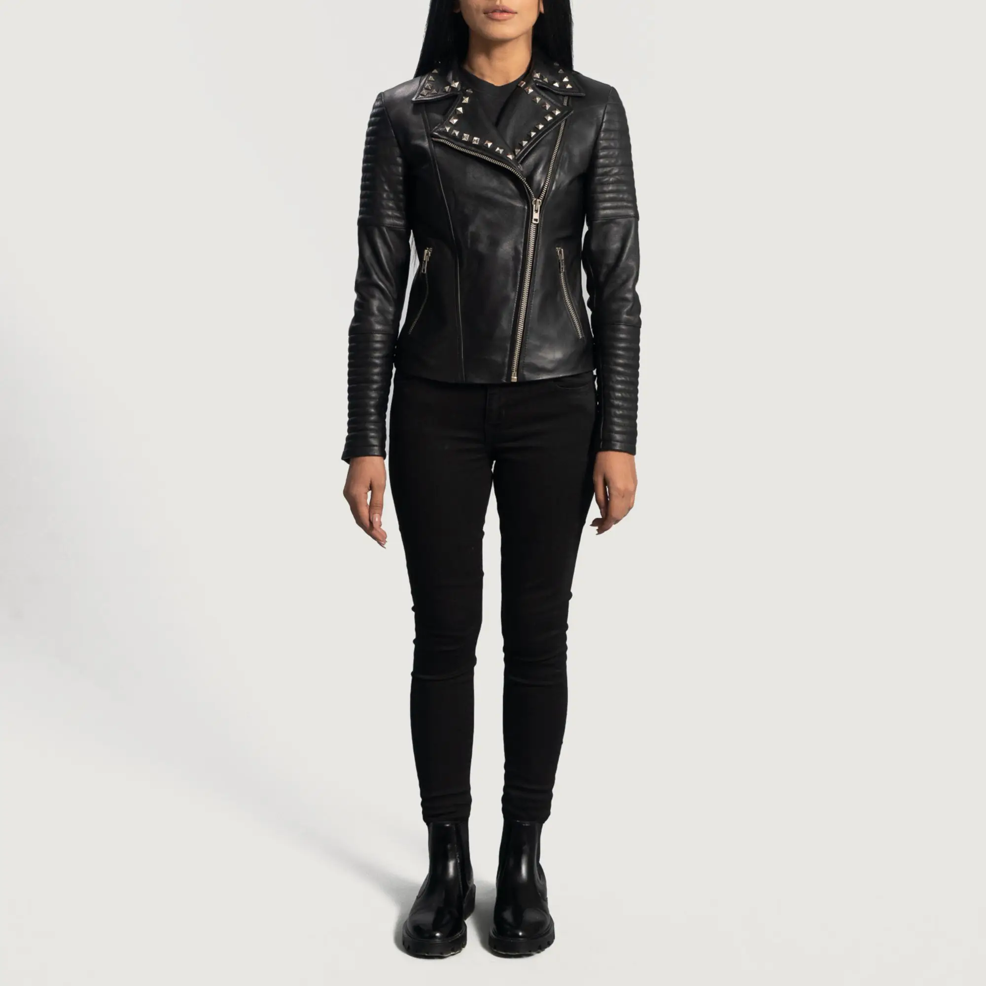 Real Leather Sheepskin Aniline Zipper Sally Mae Studded Black Women Biker Jacket with Quilted Viscose Lining and Inside Outside