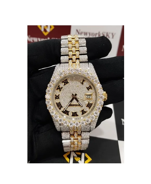 New Design Hiphop Bling Iced VVS Clarity Moissanite Diamond Studded Analog Watch High Dial Indian Exporter Stainless Steel