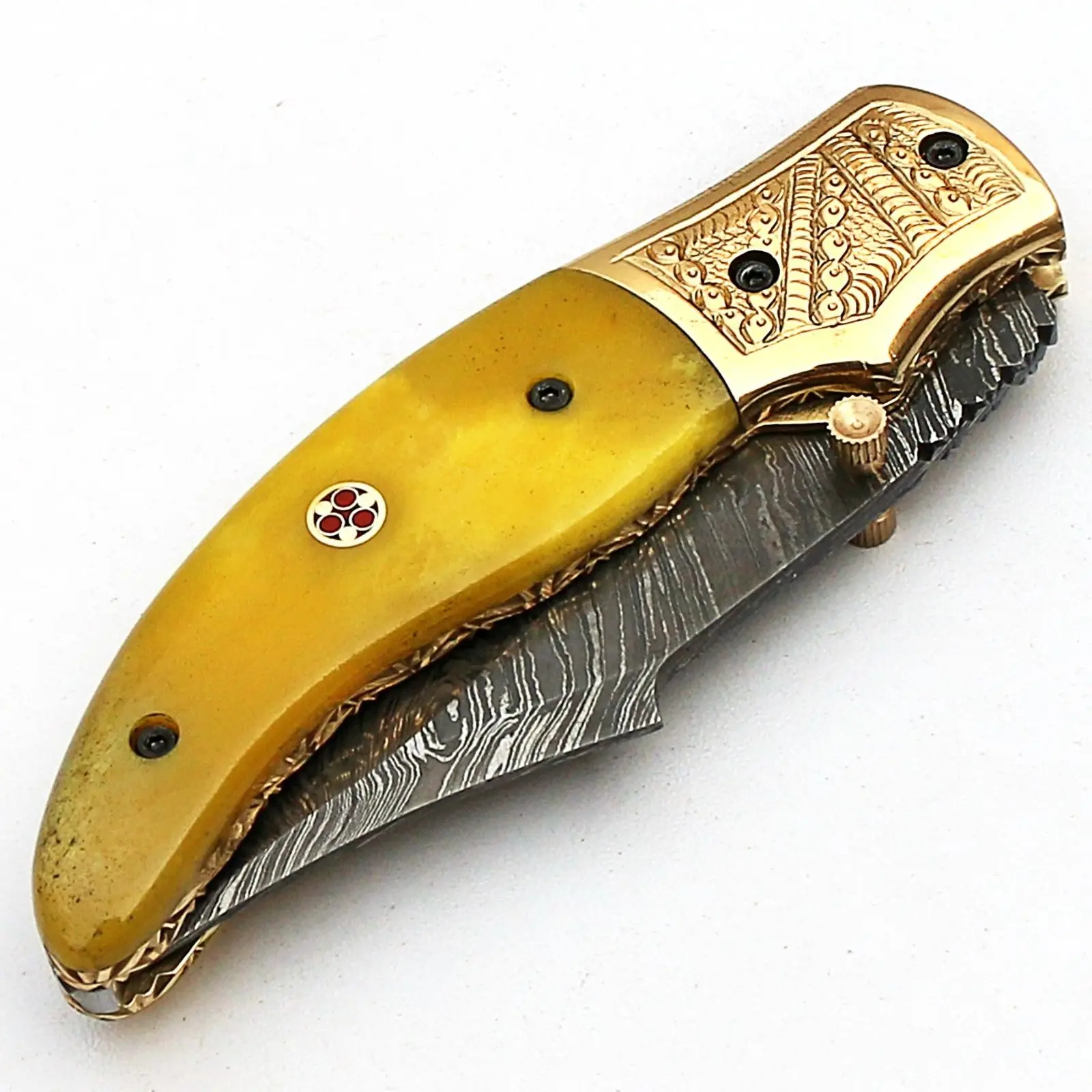 Custom Handmade Damascus Folding Knife Yellow Camel Bone Handle Pocket Knife Leather Sheath OEM Support Blade Material Steel