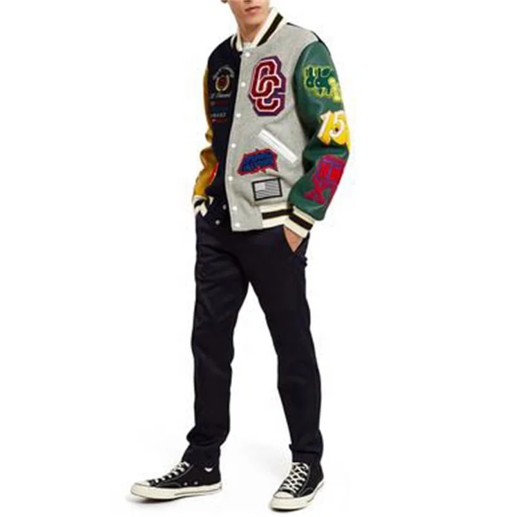 2022 OEM custom two colors mens leather sleeve patch chenille embroidery streetwear letterman varsity jacket for men