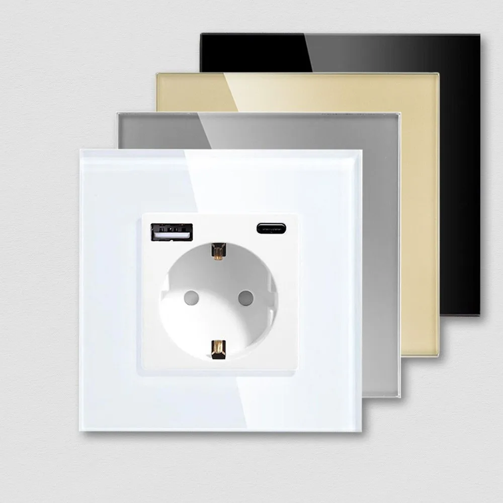 EU Sockets Socket Crystal 16A USB Type C Glass Wall Sockets Russia Wall Mounted With Security Door  Fast Charging  20W