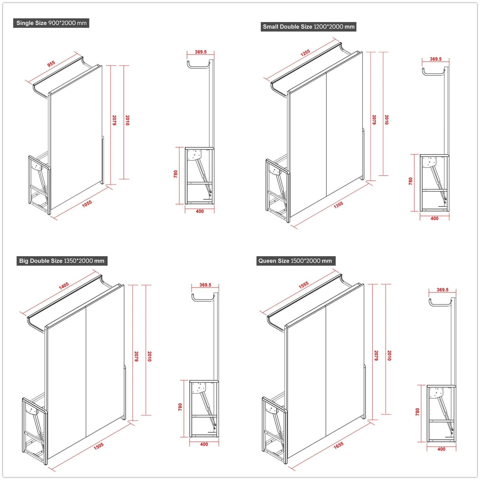 Hot Sale Small Double Size Free Standing Vertical Wall Folding Bed Mechanism With The Door