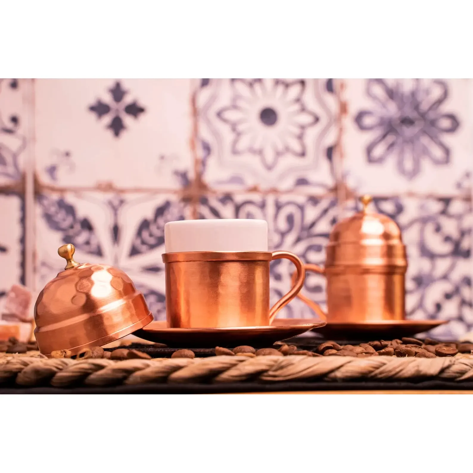Turkish Copper Coffee Cup and Lid Set with Plates (6 Pieces) Espresso Set Authentic Ottoman Style Coffee Cups with Saucers