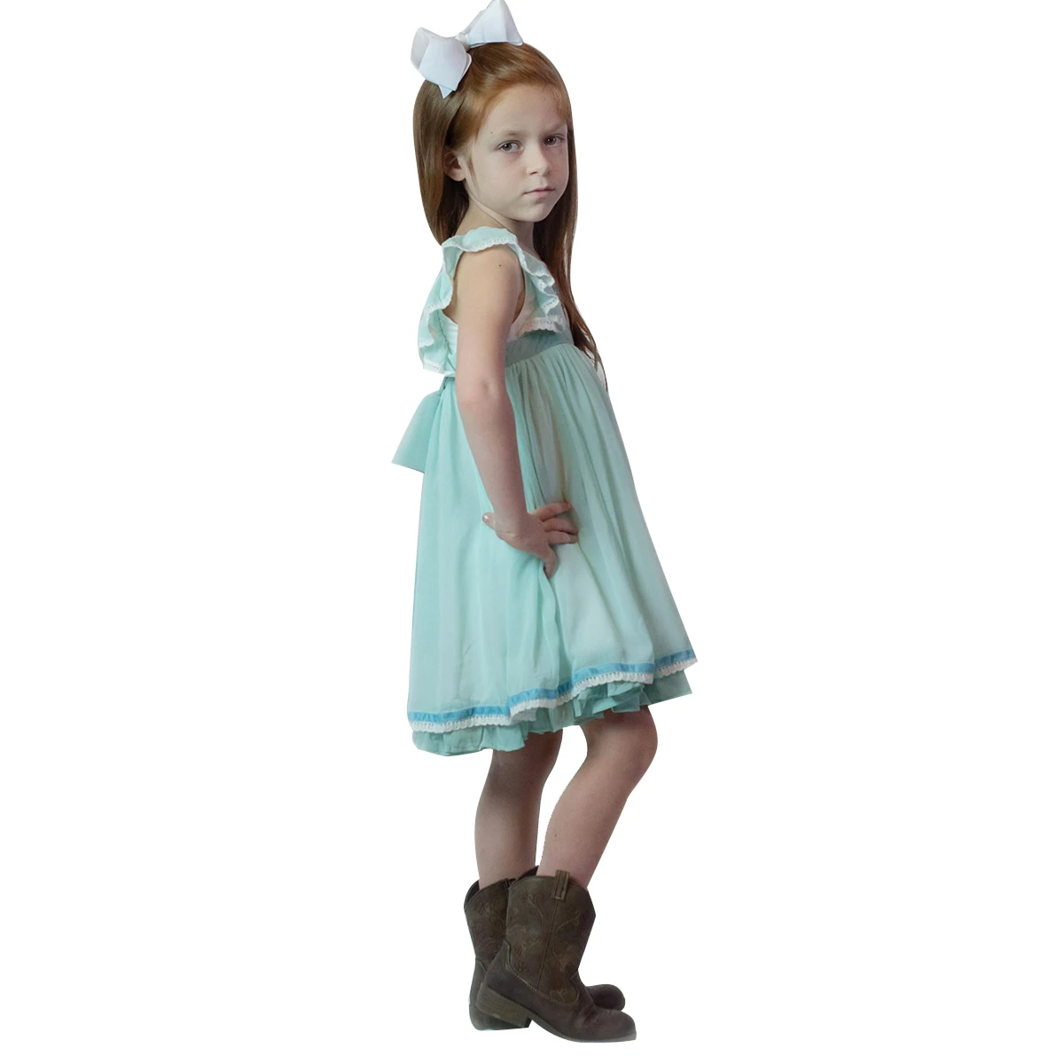 Hot sale  blue embroidered chiffon fabric ruffle dress