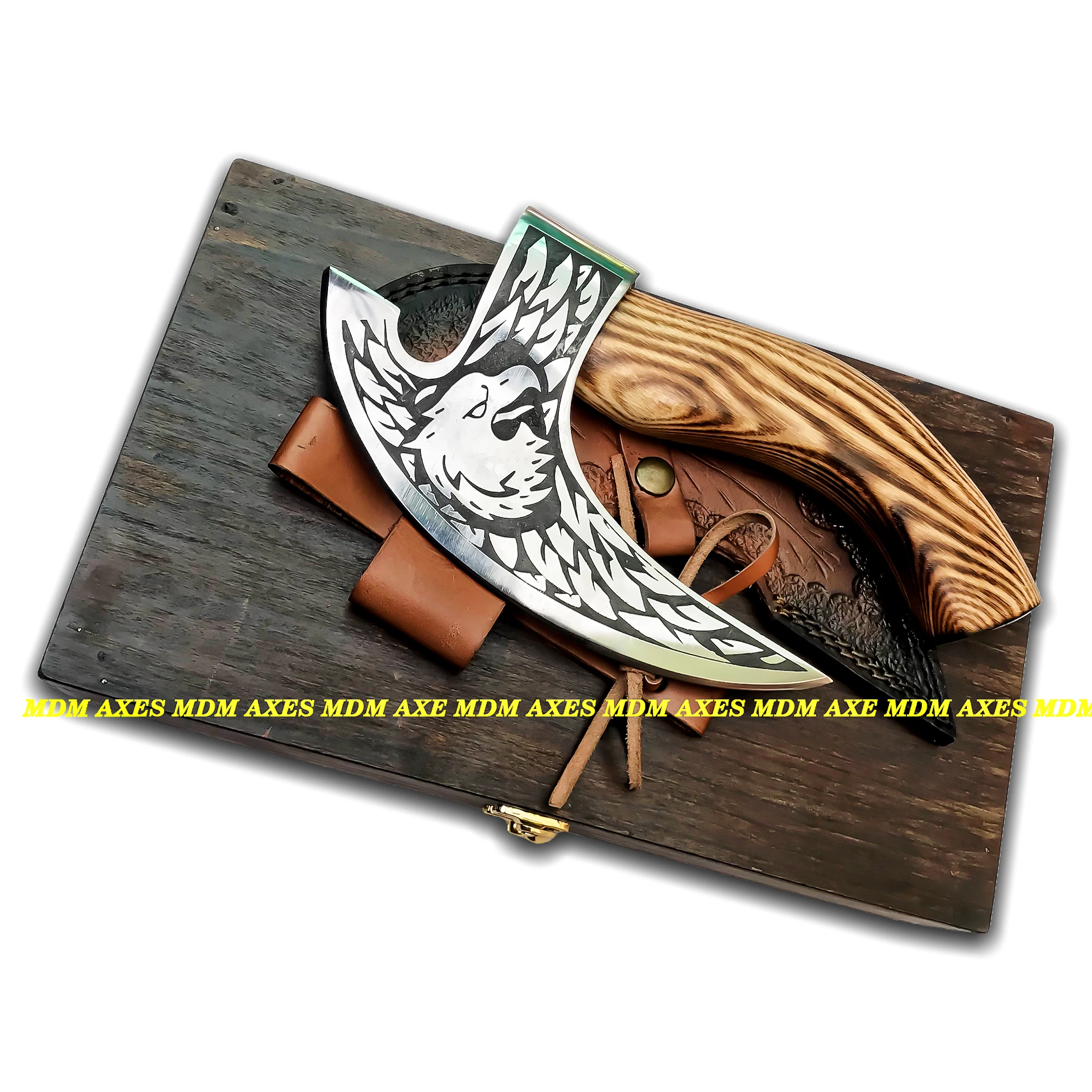 Custom Handmade Carbon Steel Viking Hatchet Tomahawk Beautiful Wooden Box Beautiful Damascus DIY Hunting Pizza Cutter Included