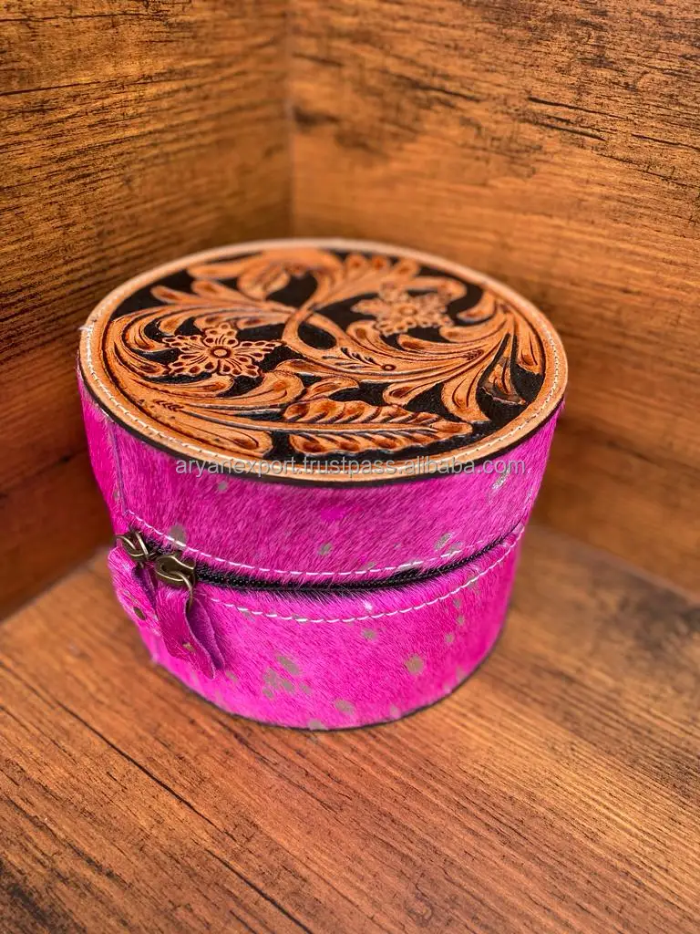 Premium Quality Tooled Leather Round Jewelry Case Western Pink Cowgirl Jewelry Box For Women Engraved Leather Travel Jewelry Box