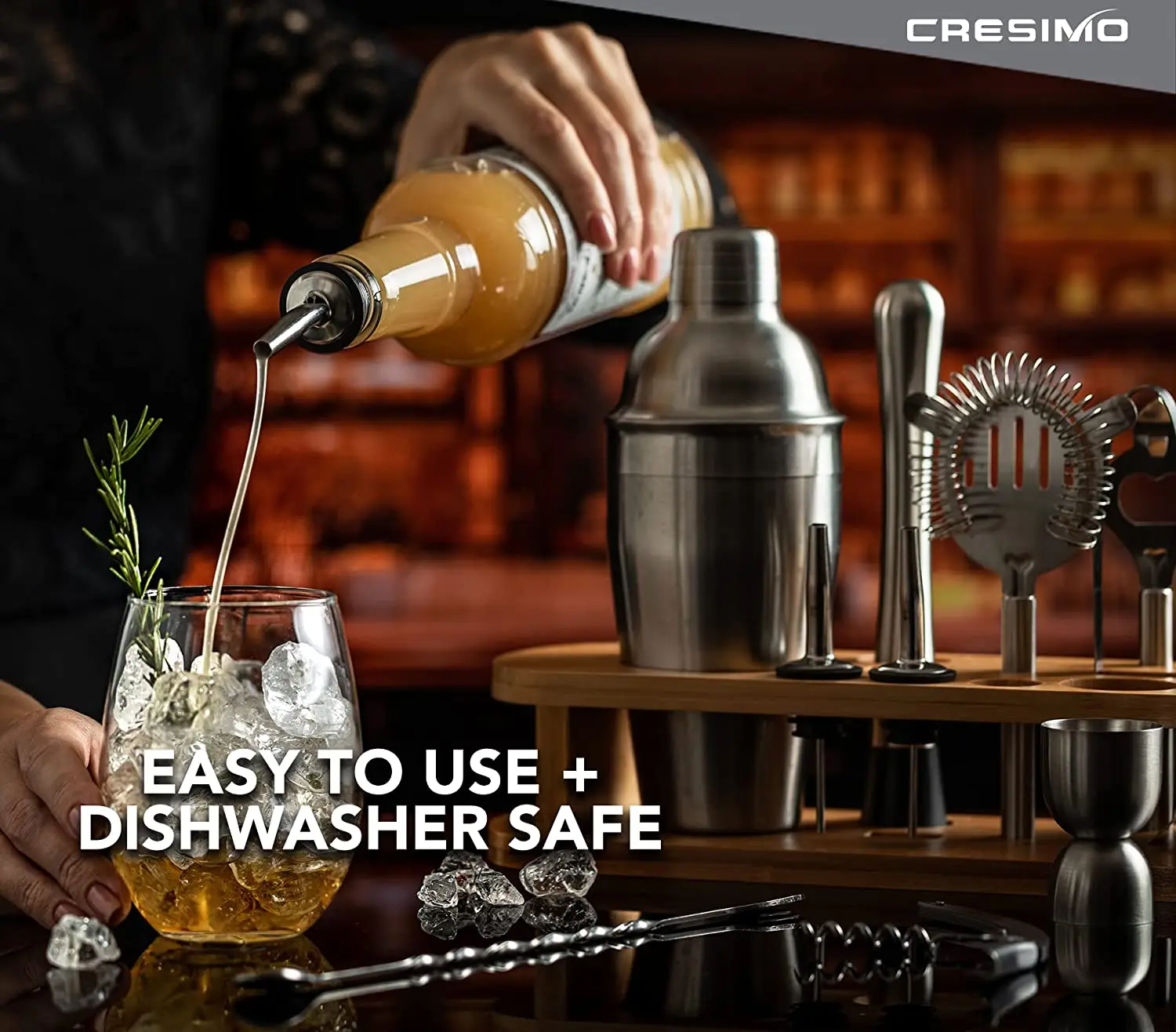 Wholesale Bar Set Wooden Stand Bag Travel Gift Stainless Steel Bartender Kit Bar Accessories