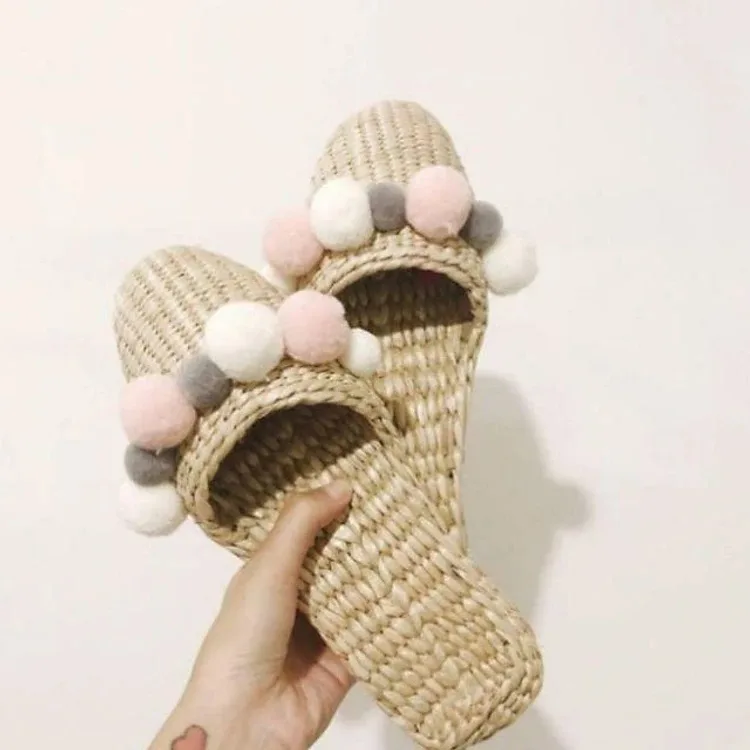 Handmade Straw Slippers for Women & Comfortable Woven Rattan Slip-Ons Shoes Natural Eco-Friendly Footwear